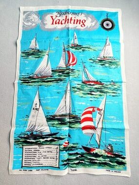 Vintage Ulster Irish Pure Linen Yachting Nautical Sailboats Wall Hang Tea Towel